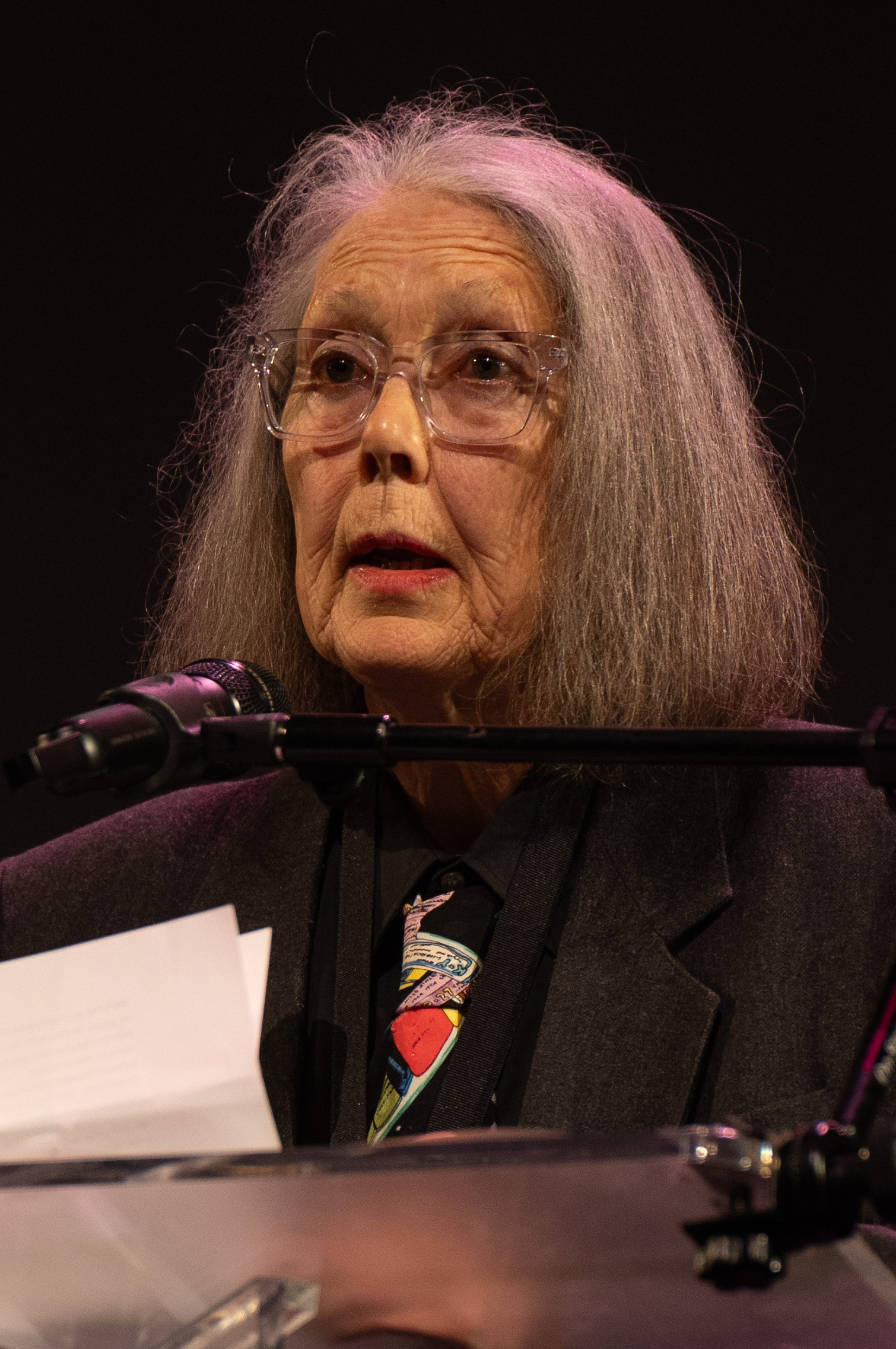 Anne Carson, poet, at the 2024 National Book Awards finalist reading in the NYU Skirball Center.
