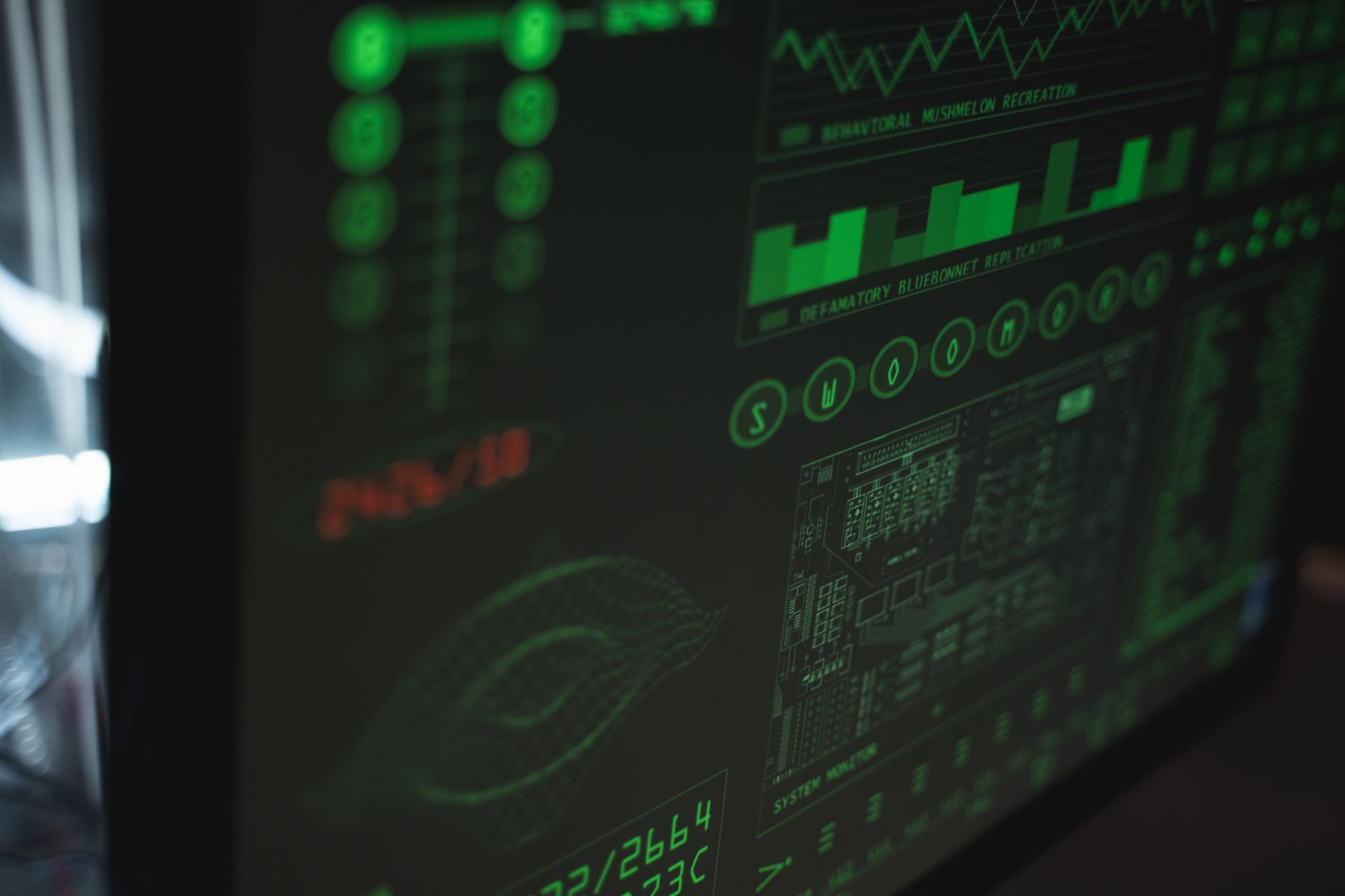Close-up view of a computer displaying cybersecurity and data protection interfaces in green tones. — cyberatak na Enel-Med