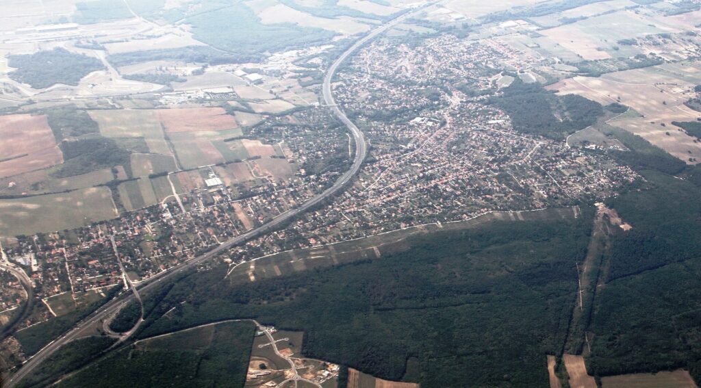 Aerial view over part of the Mogyoród town and municipality, Pest county, Hungary — wypadek autokaru na Węgrzech