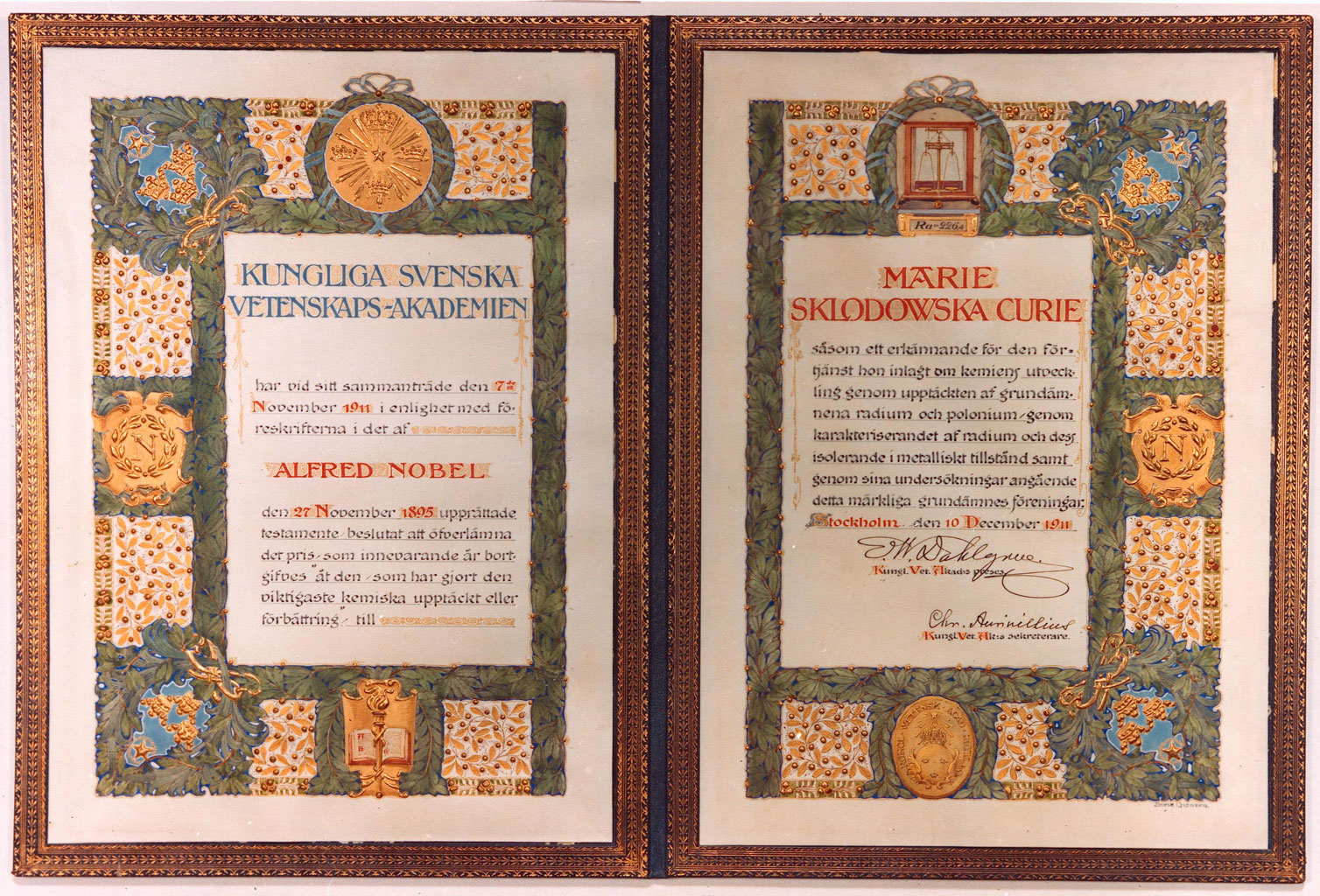 Dyplom Nobla z 1911 dla Marii Skłodowskiej-Curie — Nagroda Nobla w medycynie