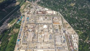 An aerial shot of the Rooppur Nuclear Power Plant under construction in Bangladesh. — budowa elektrowni jądrowej w Choczewie