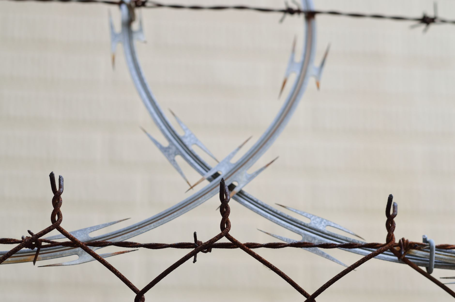 Detailed view of a rusted barbed wire fence for security and protection outdoors. — wzmocnienie granicy z Ukrainą